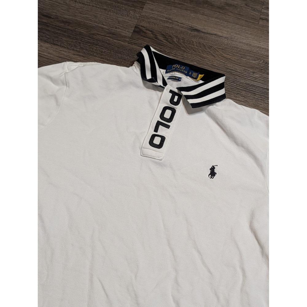 Polo Ralph Lauren Mens Classic Fit Spellout Placket Polo Shirt L White Navy Prep